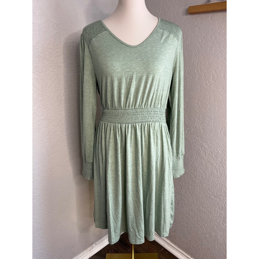 Womens Sage Green Casual Dress Long Sleeve Smocked Waist Mini
